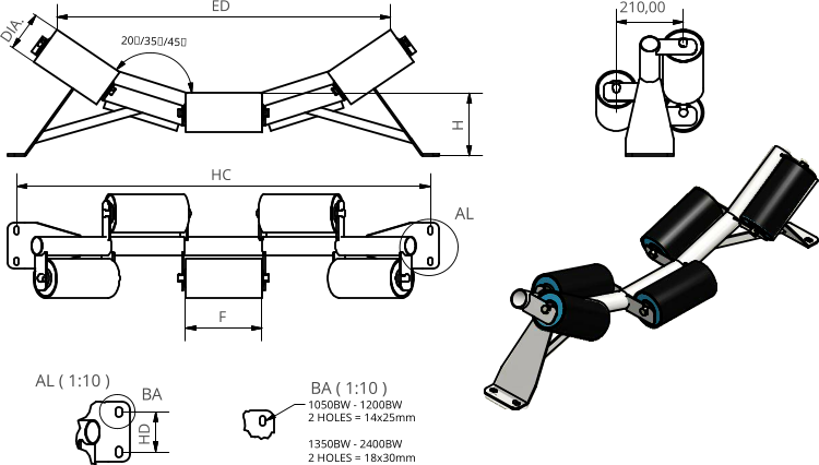 AL ( 1:10 ) BA ( 1:10 ) AL BA H 20/35/45 HC F 210,00 HD 1050BW - 1200BW 2 HOLES = 14x25mm 1350BW - 2400BW 2 HOLES = 18x30mm DIA. ED