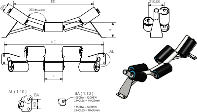 AL ( 1:10 ) BA ( 1:10 ) AL BA H 20/35/45 HC F 210,00 HD 1050BW - 1200BW 2 HOLES = 14x25mm 1350BW - 2400BW 2 HOLES = 18x30mm DIA. ED