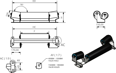 AC ( 1:9 ) AY ( 1:7 ) AC AY 10 F HC H DIA. 170,00 150,00 HD 400BW - 1350BW 14x25 HOLE  1500BW - 1800BW 18x30 HOLES ED