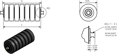 AG ( 1 : 3 ) AG F G DIA. 25 DIA. SHAFT: 12 SLOT 18 AF 30 DIA SHAFT: 14 SLOT 22 AF S25 = 22,00 S30 = 25,00