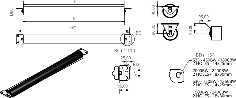 BC ( 1:11 ) BD ( 1:5 ) BC BD F G DIA. HC HD 25,00 S25 - 450BW - 1800BW 2 HOLES - 14x25mm 2000BW - 2400BW 2 HOLES - 18x30mm S30 - 750BW - 1350BW 2 HOLES - 14x25mm 1500BW - 2400BW 2 HOLES - 18x30mm 40,00 90,00 95,00 95,00 90,00