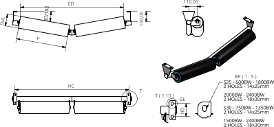 T ( 1:10 ) BE ( 1 : 5 ) T BE F DIA. 150,00 ED 5/10 110,00 HC HD S25 - 600BW - 1800BW 2 HOLES - 14x25mm 2000BW - 2400BW 2 HOLES - 18x30mm S30 - 750BW - 1350BW 2 HOLES - 14x25mm 1500BW - 2400BW 2 HOLES - 18x30mm