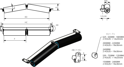 AB ( 1:10 ) K ( 1 : 7 ) AB K F HC D HD S25 - 600BW - 1800BW 2 HOLES  = 14x25mm 2000BW - 2200BW 2 HOLES = 18x30mm 2400BW 2 HOLES = 18x30mm S30 - 750BW - 1350BW 2 HOLES  = 14x25mm 1500BW - 2400BW 2 HOLES = 18x30mm  DIA. ED 125,00