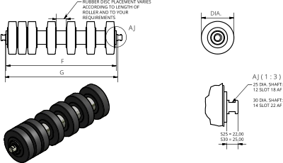 AJ ( 1 : 3 ) AJ F G DIA. 25 DIA. SHAFT: 12 SLOT 18 AF 30 DIA. SHAFT: 14 SLOT 22 AF S25 = 22,00 S30 = 25,00 RUBBER DISC PLACEMENT VARIES ACCORDING TO LENGTH OF ROLLER AND TO YOUR REQUIREMENTS