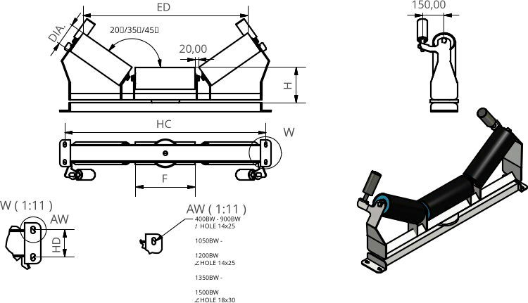 W ( 1:11 ) AW ( 1:11 ) W AW 20,00 20/35/45 H F 400BW - 900BW 1	HOLE 14x25 1050BW - 1200BW 2	HOLE 14x25 1350BW - 1500BW 2	HOLE 18x30 DIA. 150,00 ED HD HC