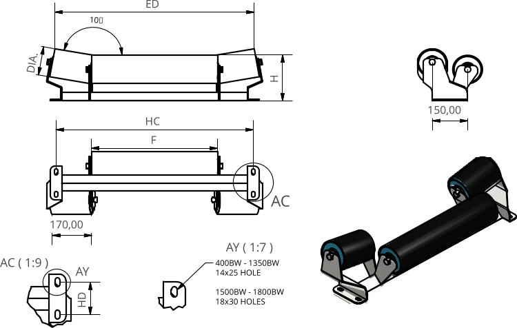 AC ( 1:9 ) AY ( 1:7 ) AC AY 10 F HC H DIA. 170,00 150,00 HD 400BW - 1350BW 14x25 HOLE  1500BW - 1800BW 18x30 HOLES ED