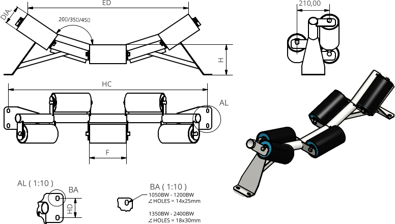 AL ( 1:10 ) BA ( 1:10 ) AL BA H 20/35/45 HC F 210,00 HD 1050BW - 1200BW 2	HOLES = 14x25mm 1350BW - 2400BW 2	HOLES = 18x30mm DIA. ED