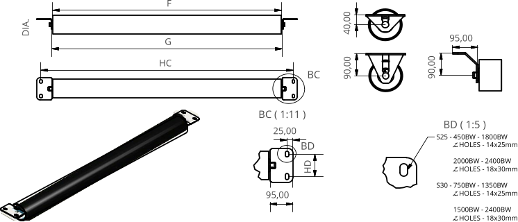 BC ( 1:11 ) BD ( 1:5 ) BC BD F G DIA. HC HD 25,00 S25 - 450BW - 1800BW 2	HOLES - 14x25mm 2000BW - 2400BW 2	HOLES - 18x30mm S30 - 750BW - 1350BW 2	HOLES - 14x25mm 1500BW - 2400BW 2	HOLES - 18x30mm 40,00 90,00 95,00 95,00 90,00