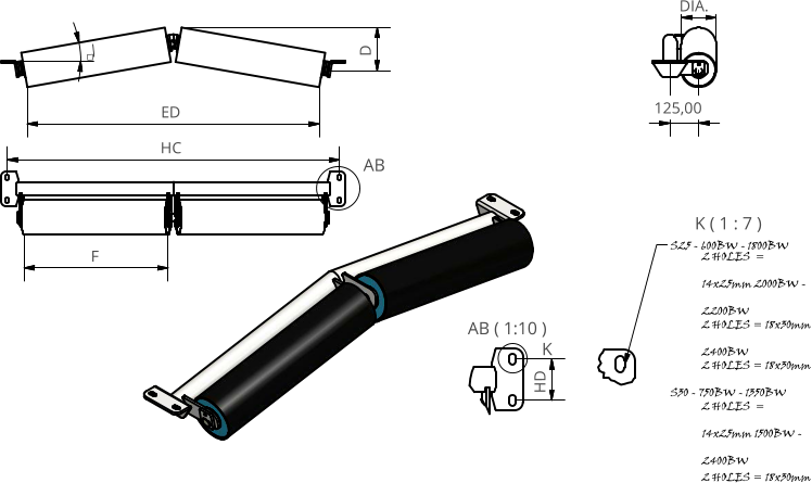 AB ( 1:10 ) K ( 1 : 7 ) AB K F HC D HD S25 - 600BW - 1800BW 2	HOLES  = 14x25mm 2000BW - 2200BW 2	HOLES = 18x30mm 2400BW 2	HOLES = 18x30mm S30 - 750BW - 1350BW 2	HOLES  = 14x25mm 1500BW - 2400BW 2	HOLES = 18x30mm  DIA. ED 125,00