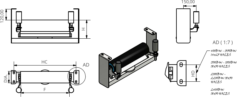 AD ( 1:7 ) AD F HD H 400BW - 1350BW 14x25 HOLES  1500BW - 1800BW 18x30 HOLES  2000BW - 2200BW 18x30 HOLES  2400BW 18x30 HOLES HC 120,00 DIA. 150,00