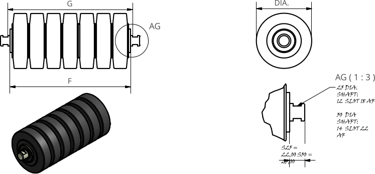 AG ( 1 : 3 ) AG F G DIA. 25	DIA. SHAFT: 12	SLOT 18 AF 30	DIA SHAFT: 14	SLOT 22 AF S25 = 22,00 S30 = 25,00