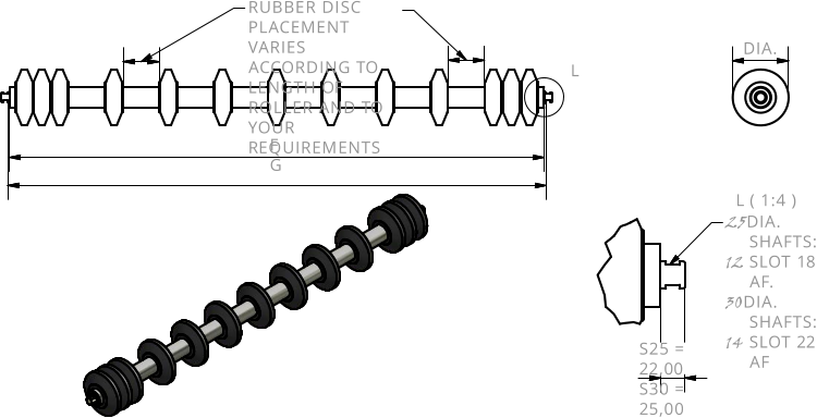 L ( 1:4 ) L 25	DIA. SHAFTS: 12	SLOT 18 AF. 30	DIA. SHAFTS: 14	SLOT 22 AF DIA. S25 = 22,00 S30 = 25,00 RUBBER DISC PLACEMENT VARIES ACCORDING TO LENGTH OF ROLLER AND TO YOUR REQUIREMENTS F G