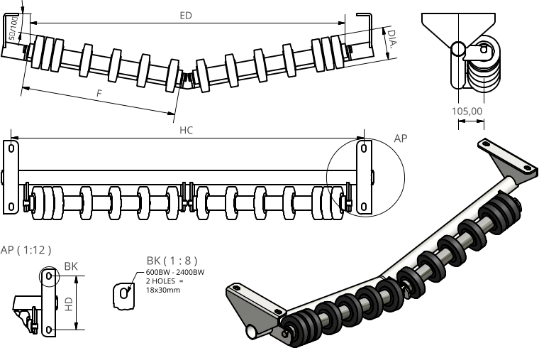 AP ( 1:12 ) BK ( 1 : 8 ) AP BK F HC 105,00 DIA. HD 600BW - 2400BW 2 HOLES  = 18x30mm 5/10 ED