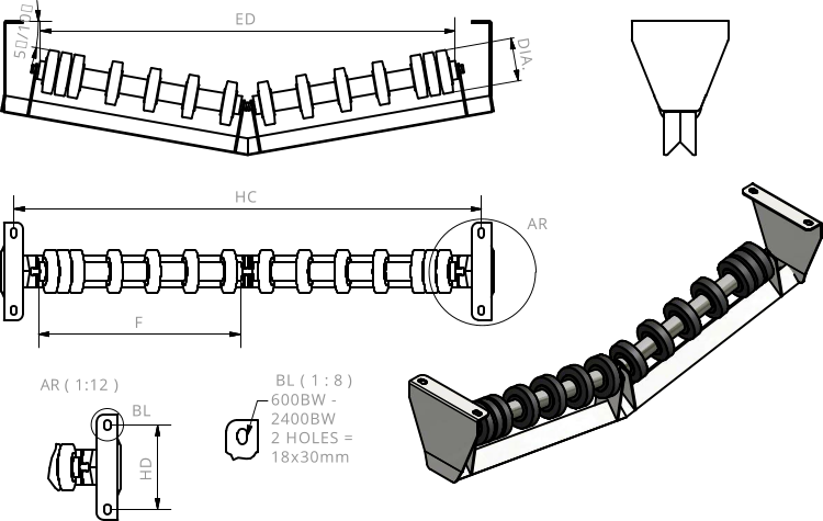 AR ( 1:12 ) BL ( 1 : 8 ) AR BL HC F DIA. 5/10 HD 600BW - 2400BW 2 HOLES = 18x30mm ED