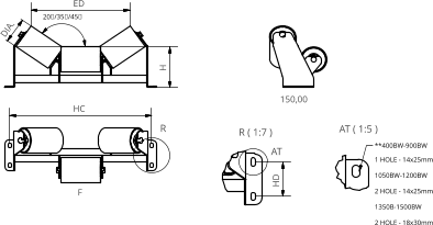 R ( 1:7 ) AT ( 1:5 ) R AT H 20/35/45 DIA. F 150,00 HD **400BW-900BW 1 HOLE - 14x25mm 1050BW-1200BW2 HOLE - 14x25mm 1350B-1500BW2 HOLE - 18x30mm ED HC